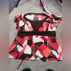 AB Studio Multicolor Geometric Print Women's Top - Brown, Red, White, Coral